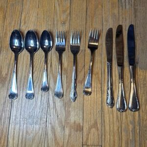 Imperial Stainless 18/8 Flatware Set 9pc Floral Scroll Spoons Forks Knives Korea